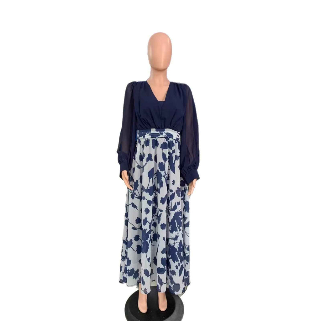 Women's Floral Print Puff Sleeve A-Line Midi Dress — High Waist & Flared