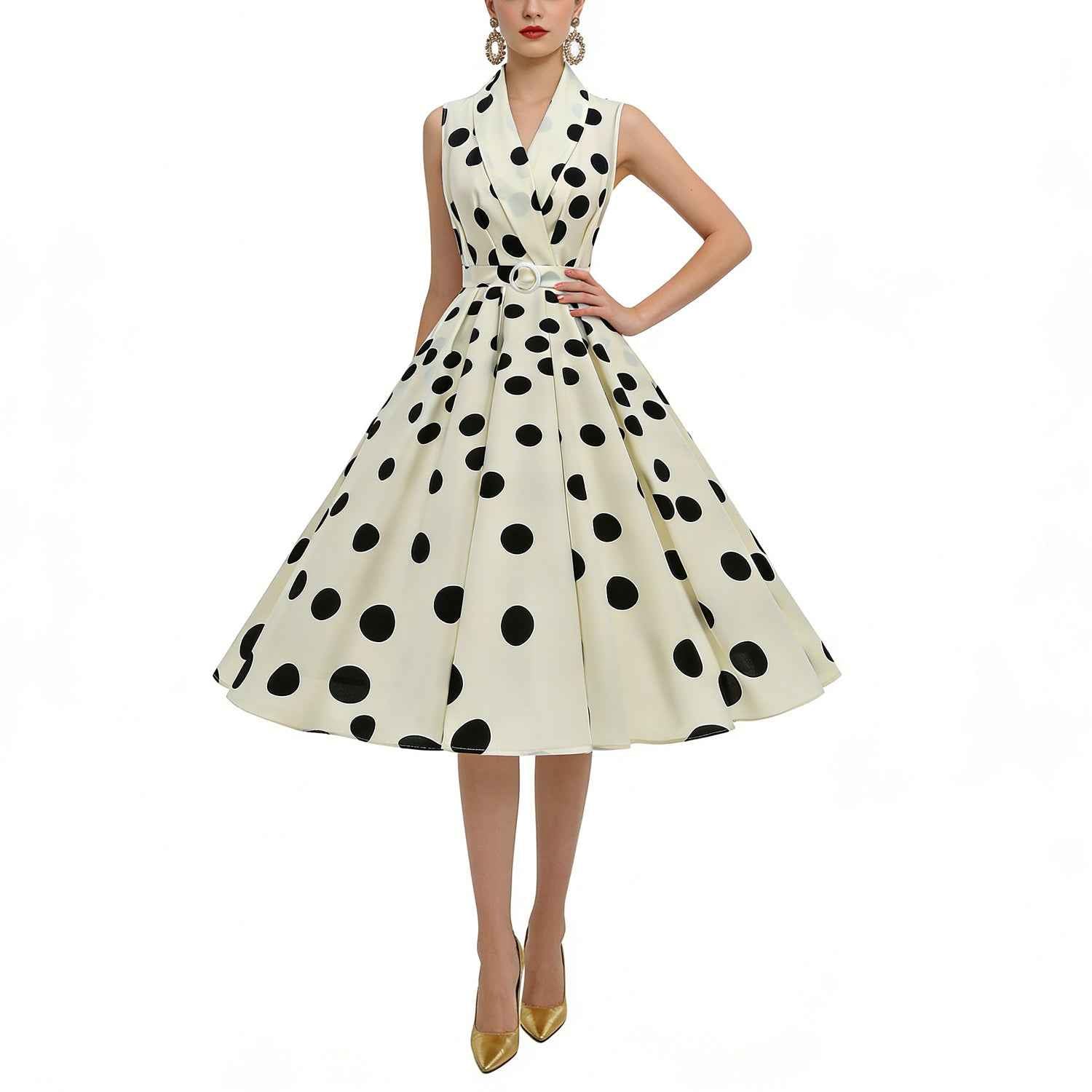 Polka Dot Halter-Neck High-Waist Flare Midi Dress with Tie-Up Detail