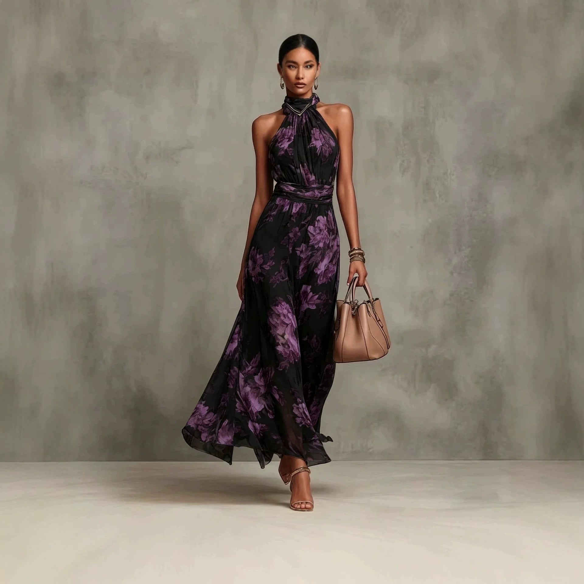 Printed Chiffon Halter-Neck Maxi Dress