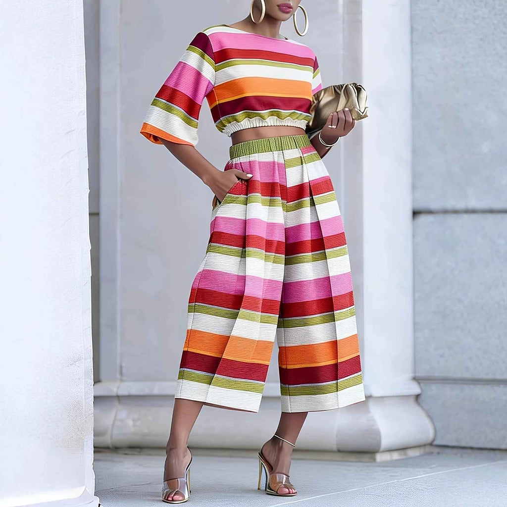 Women's Striped Two-Piece Set — Top & Cropped Wide-Leg Trousers