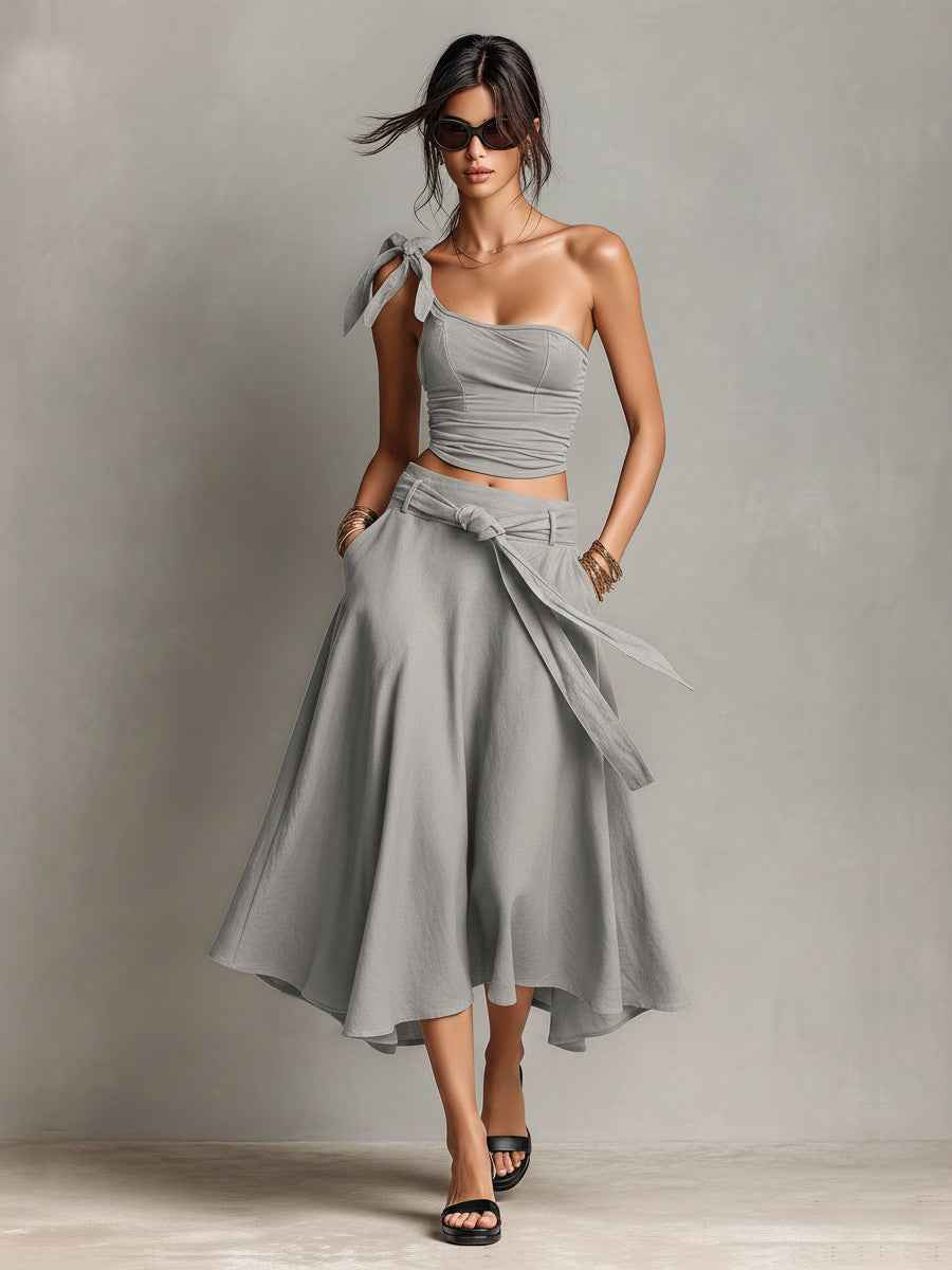 Off-Shoulder Strap Top With Slanted Shoulders High-Waisted A-Line Long Skirt Womens Set