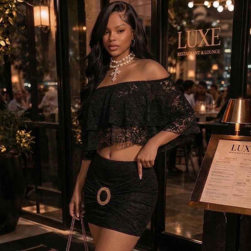 Off-Shoulder Lace Floral Crop Top & Sheath Skirt Set – Women’s Two-Piece