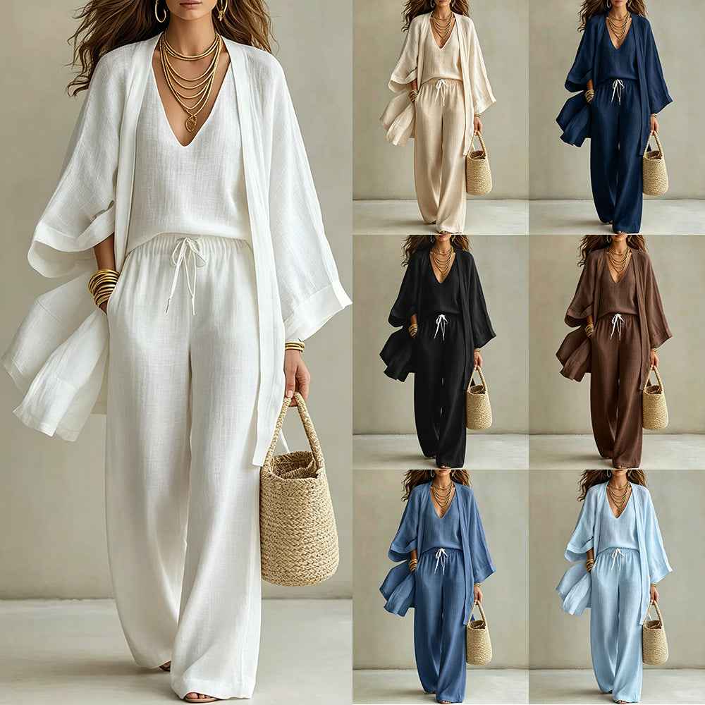 Women's 3-Piece Cardigan, Vest & Wide-Leg Trousers Set