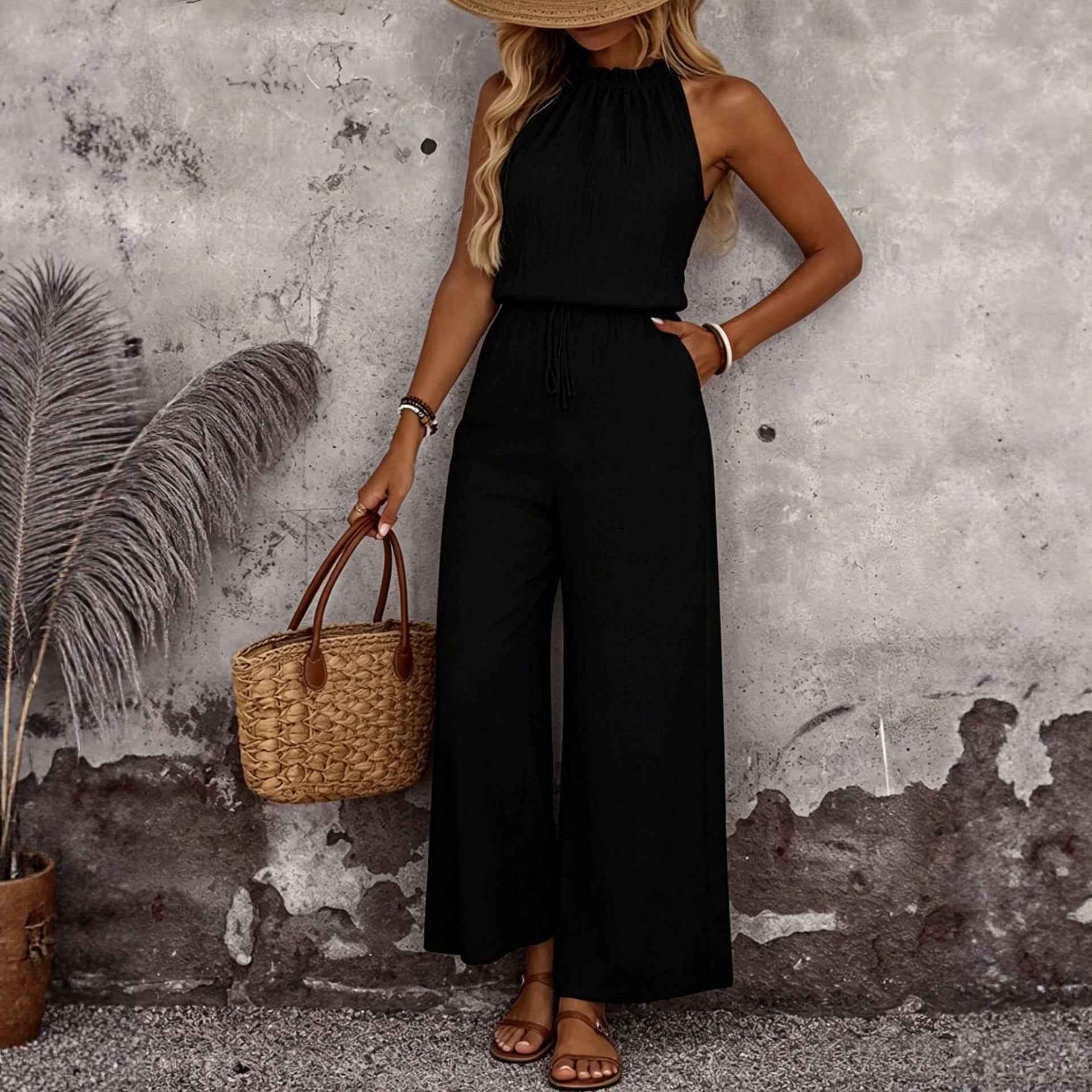 Draped-Neck Sleeveless Vest & Casual Pants Set — 5 Colours