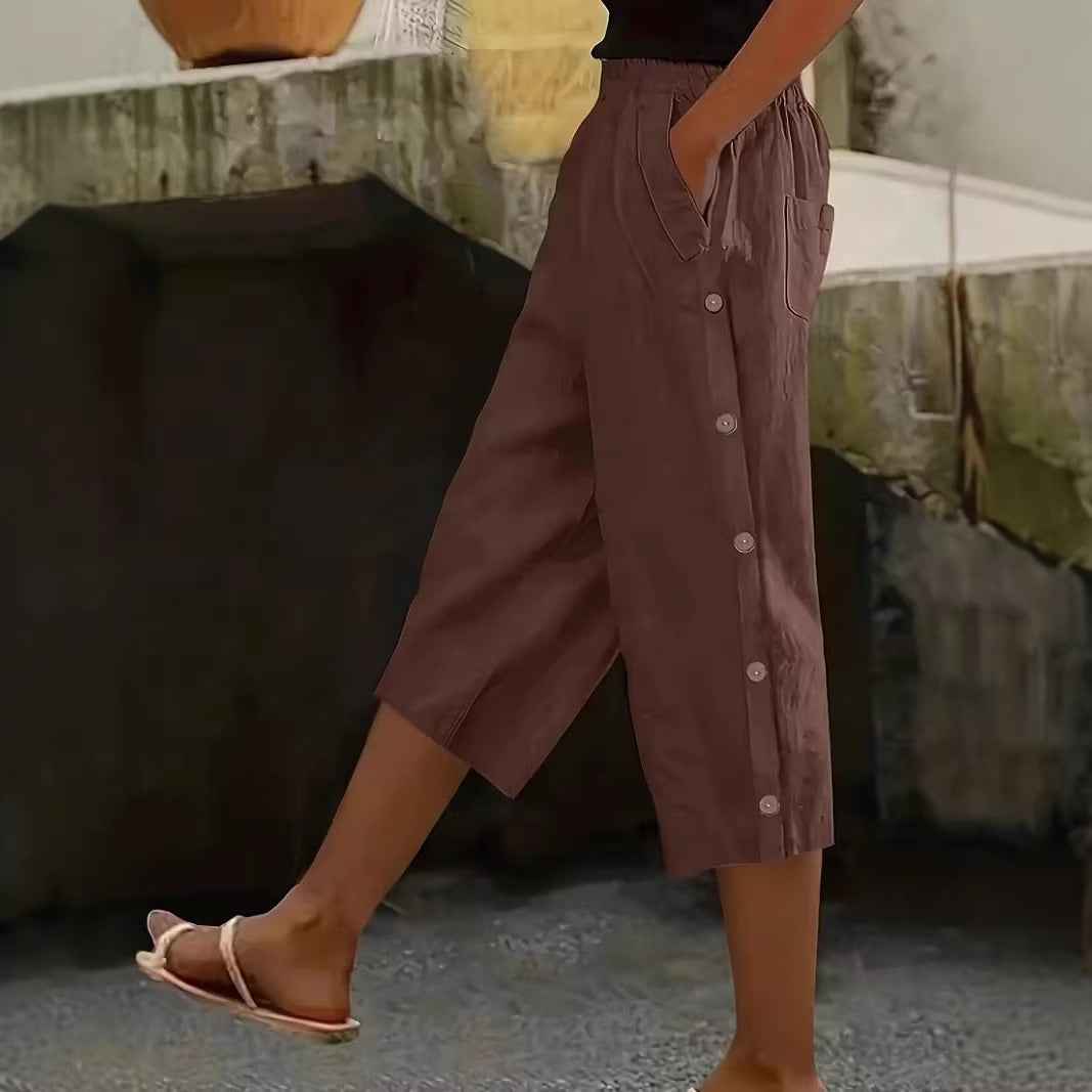 Women's High-Waist Solid Colour Cropped Trousers with Pockets