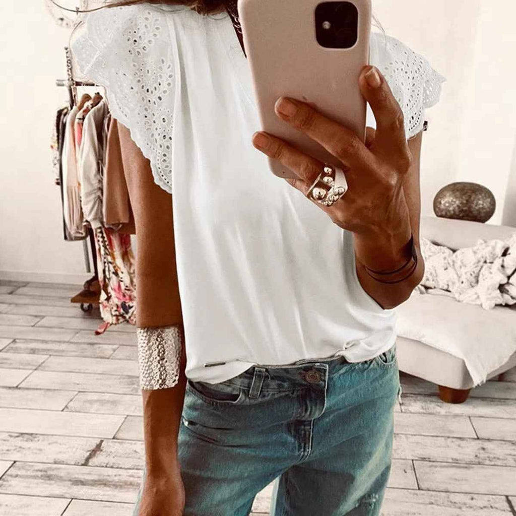 V-Neck Ruffle-Trim Loose Short Sleeve Shirt
