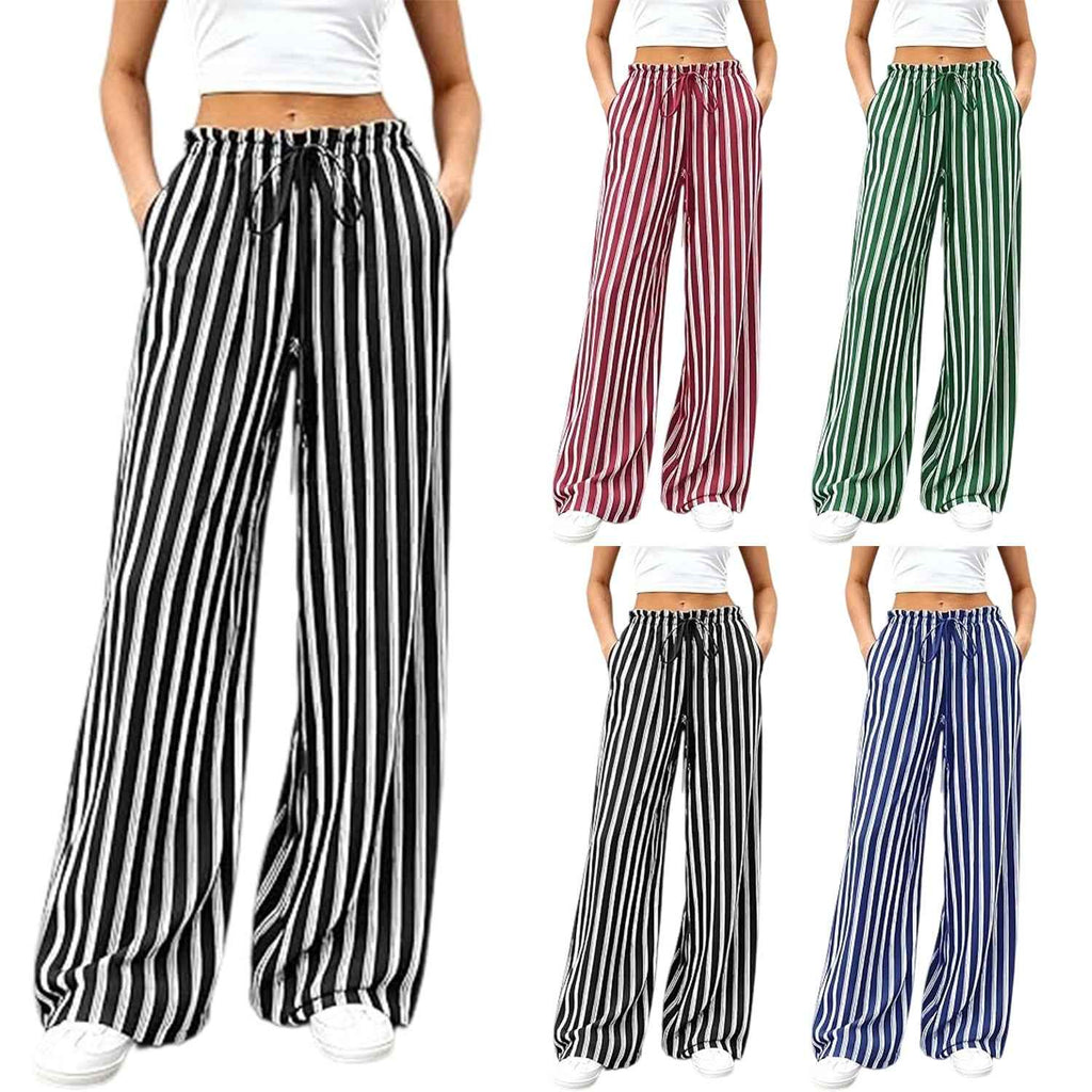 Striped Relaxed-fit Casual Wide-leg Trousers With An Elastic Waist