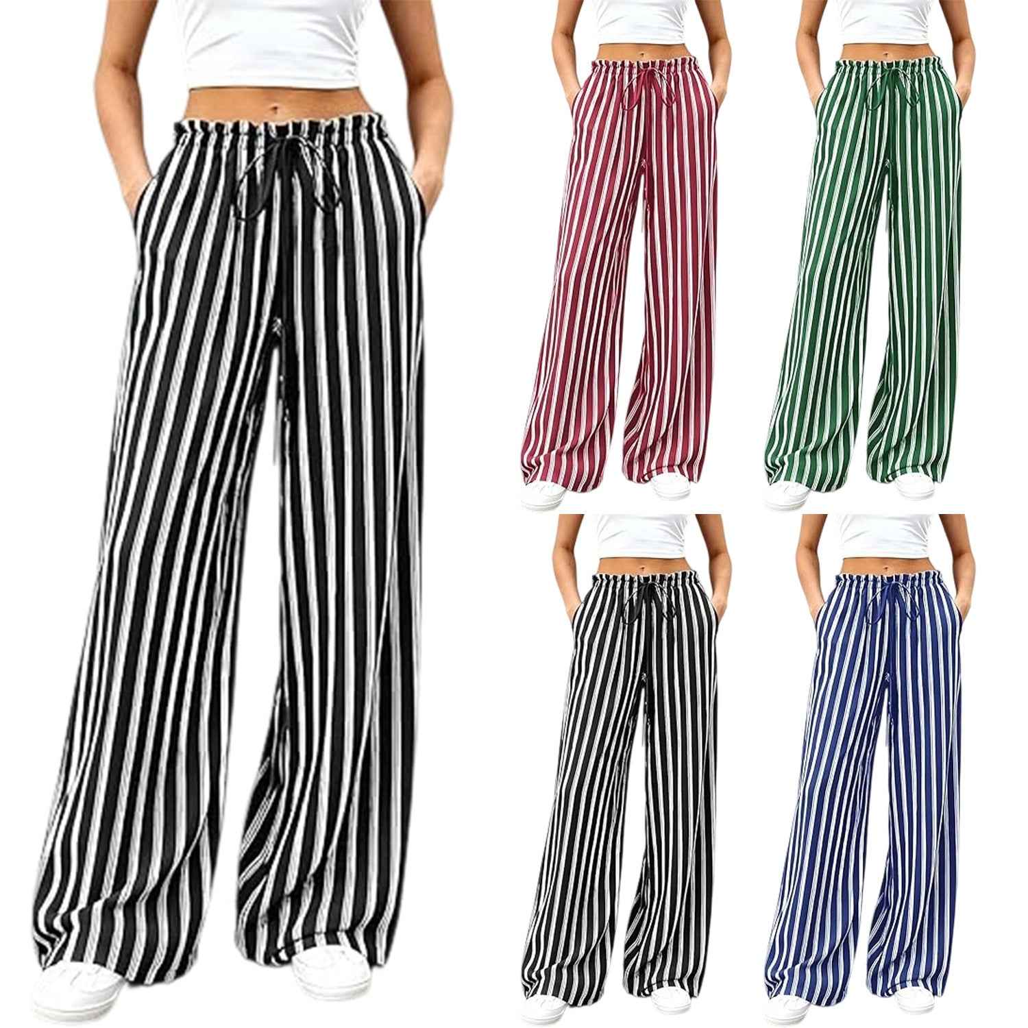 Striped Relaxed-fit Casual Wide-leg Trousers With An Elastic Waist