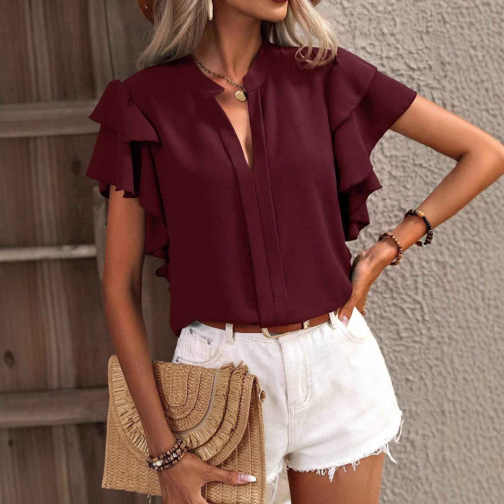 Petal Sleeve V-Neck Blouse – Wrinkle-Resistant