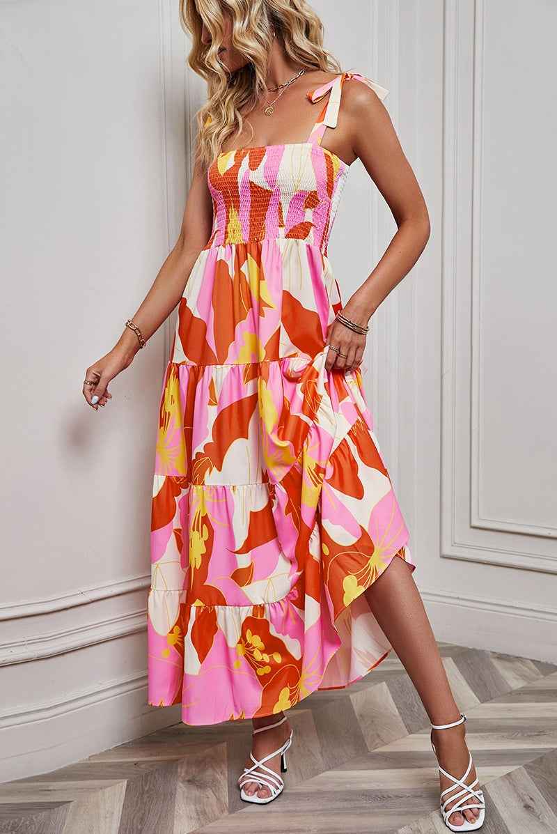 Backless Leaf Print Halter Dress — Orange Red, S–2XL