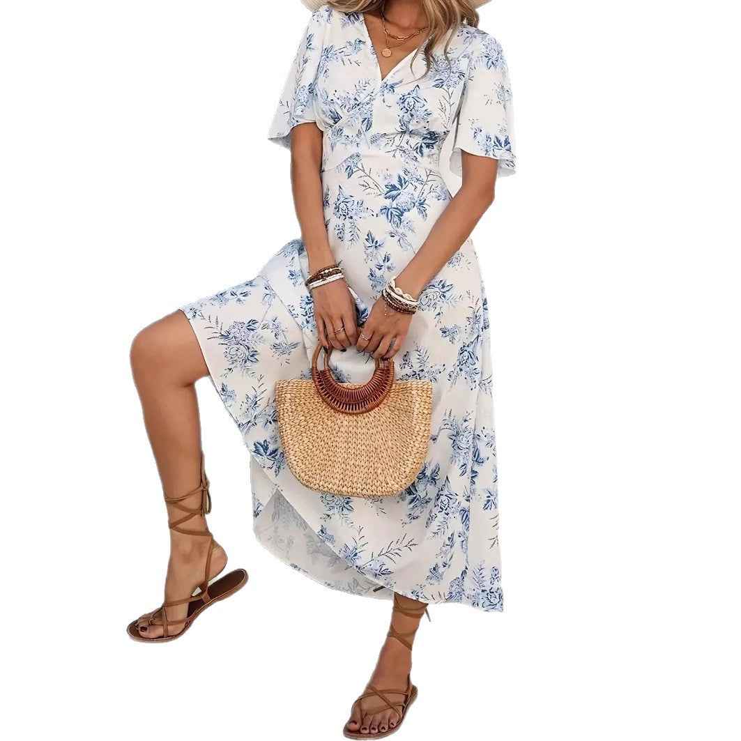 Floral Print Short-Sleeve Maxi Dress — High-Waist Beach Dress