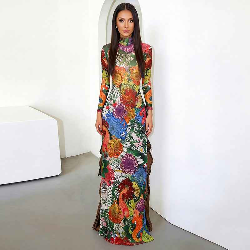 Womens Fashion Printed Long-sleeve Mock-neck High-slit Dress