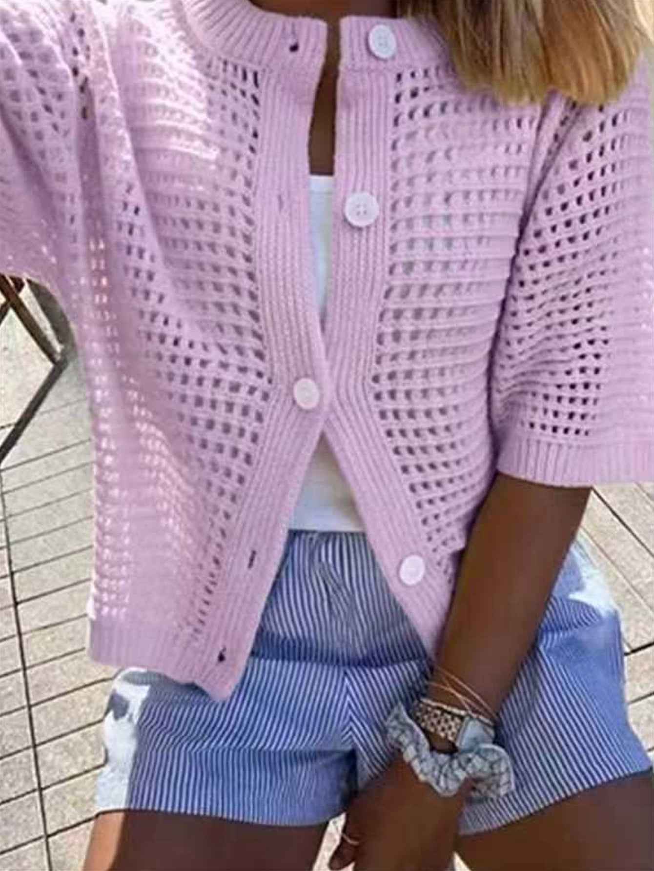 Hollow-Out Knit Open-Front Cardigan