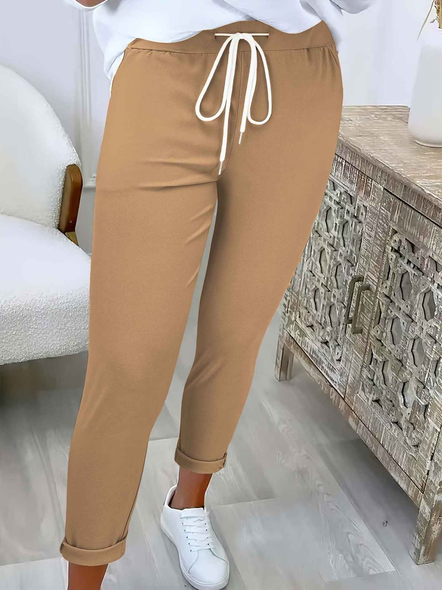 Women's High-Waisted Slim Cropped Trousers with Lace-Up Detail