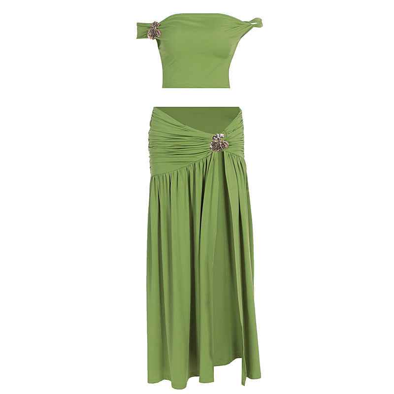 Sleeveless Top & Ruffle-Trim Slit Pleated Midi Skirt Two-Piece Set