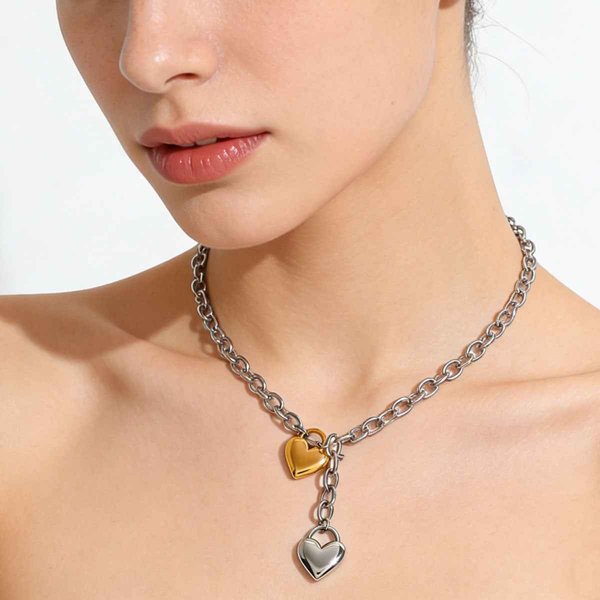 18k Gold stainless Steel Mixed color Heart shaped OT clasp Necklace A Niche Trendy Accessory