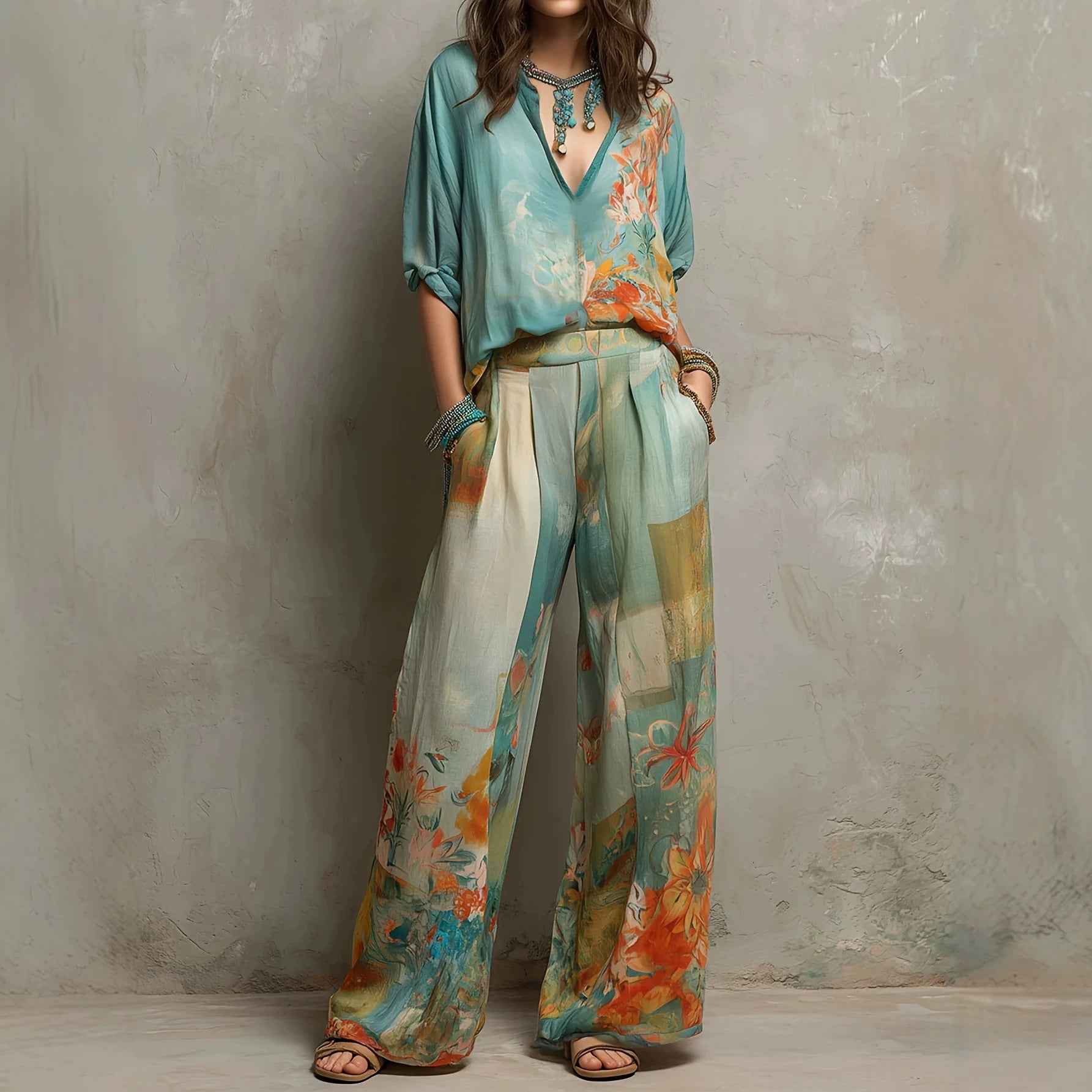 Women's Graffiti Print Drop-Shoulder Top & Wide-Leg Pants Set — Multicolour, S–2XL
