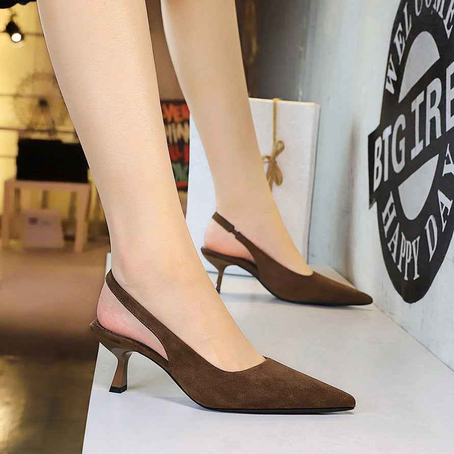 Suede Pointed-toe Peep-toe Slingback Plain High-heeled Womens Shoes