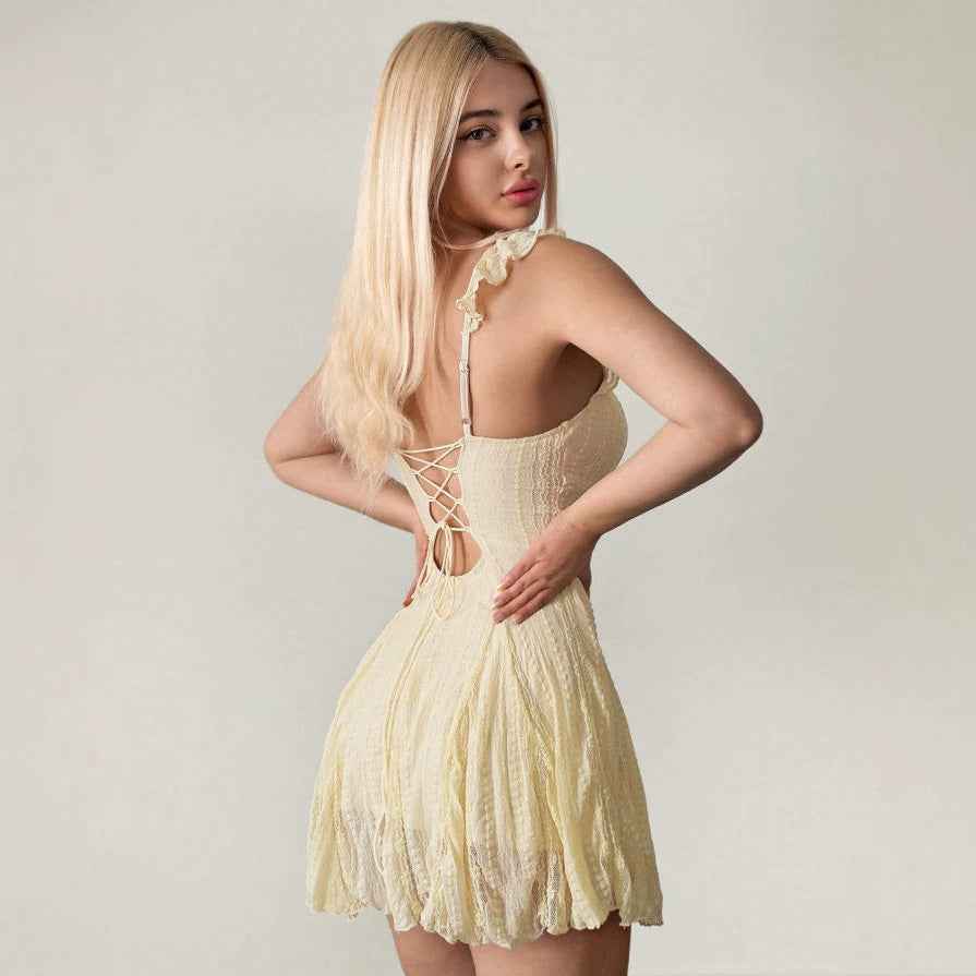 Apricot Lace Patchwork Summer A-Line Dress