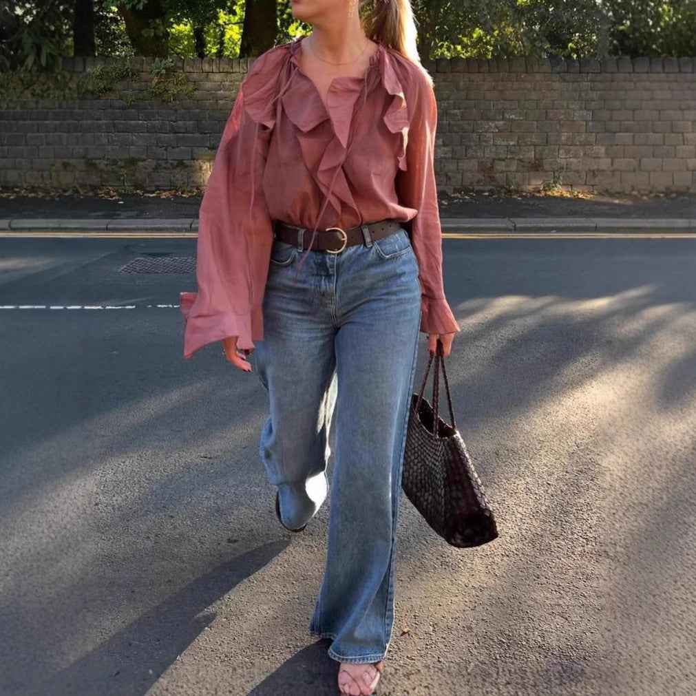 Ruffle-trimmed Lace-up Shirt Elegant Top