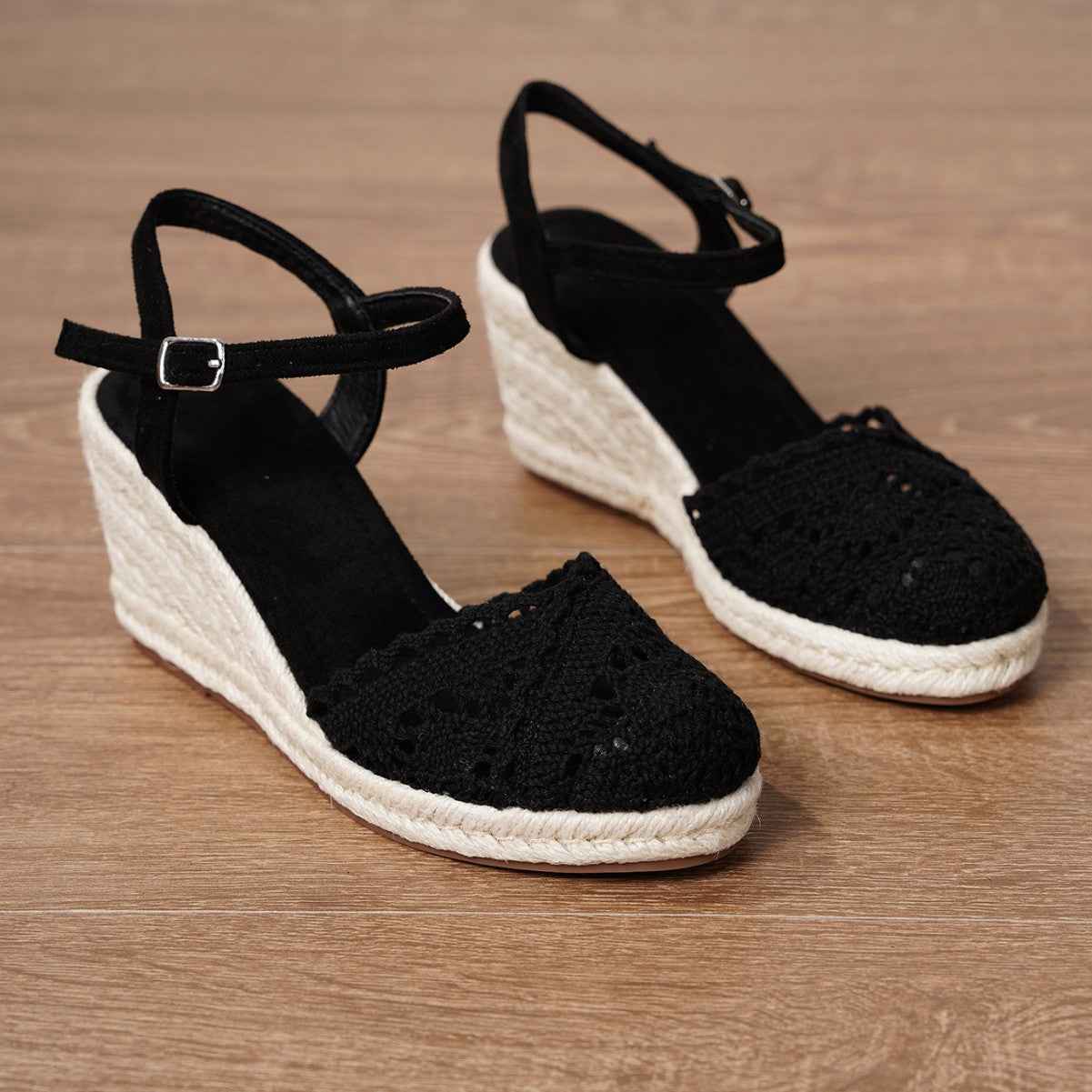 Summer Vacation Mules With Round Toes And Hollowed-out Straw Soles