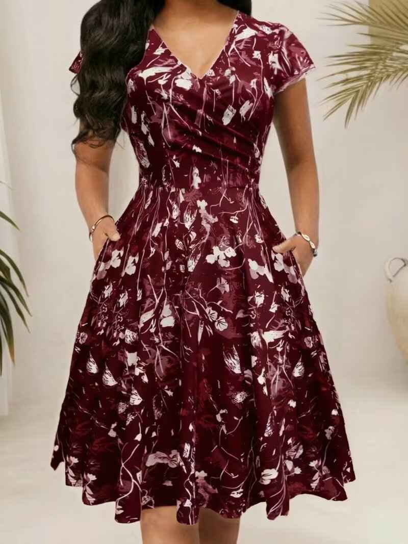 Floral Print V-Neck A-Line Midi Dress – Plus Size