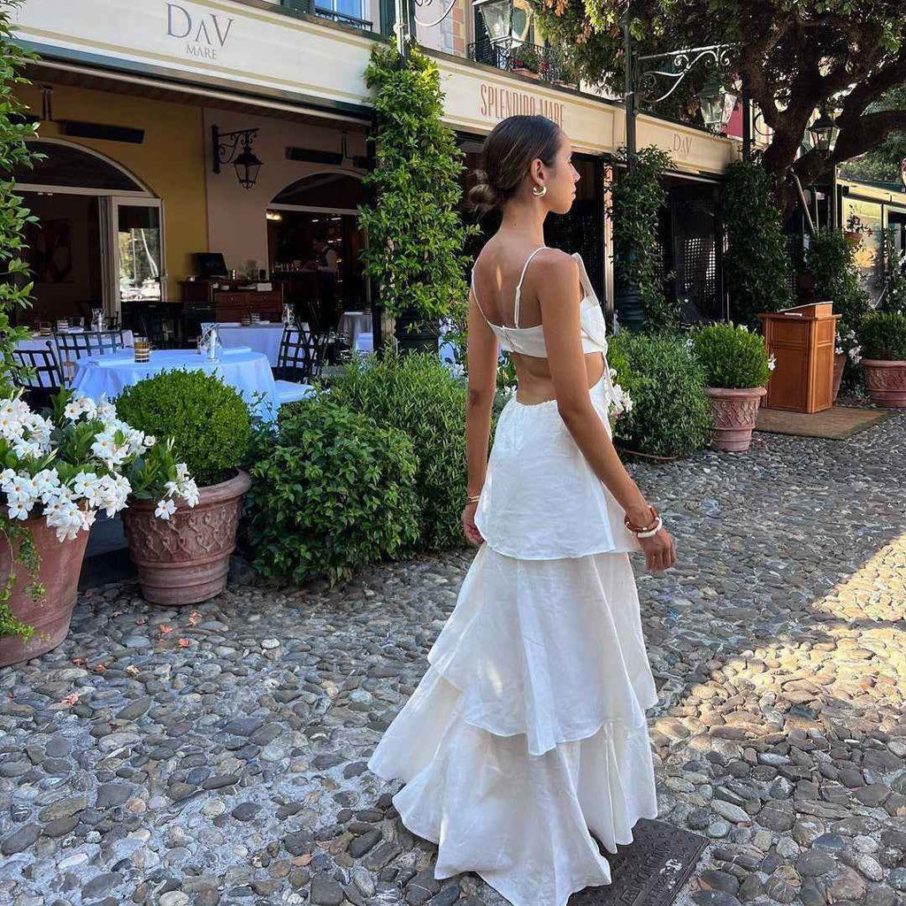 3D Floral Strapless Tiered Maxi Dress — White