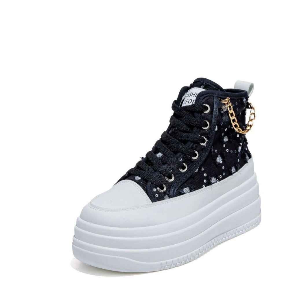 Women's Denim Chain-Strap Sneakers — Height-Boosting Casual Shoes