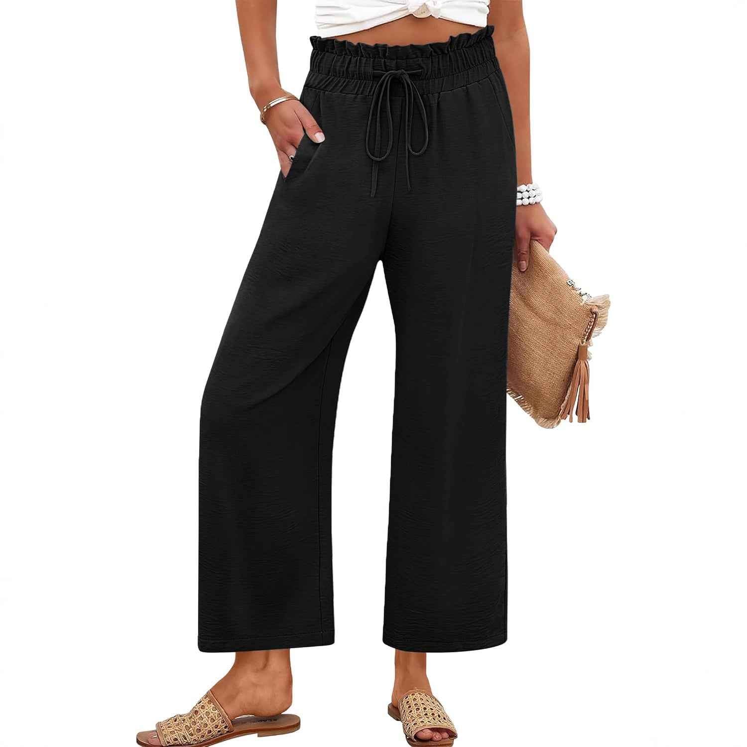 Lace-Trim Drawstring Cropped Wide-Leg Pants