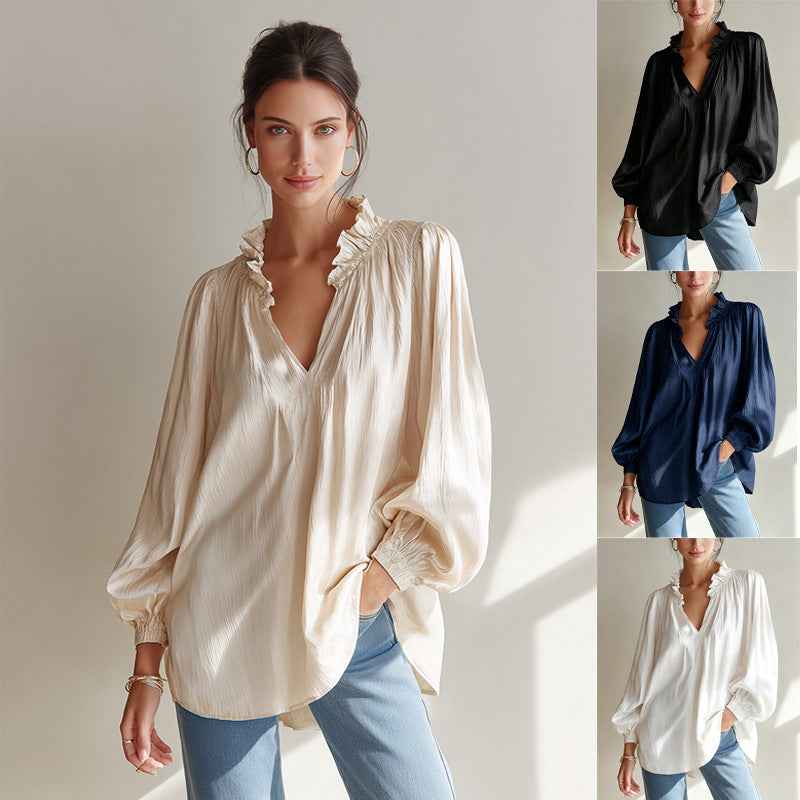 V-neck Loose-fitting Top With Puffed Balloon Sleeves