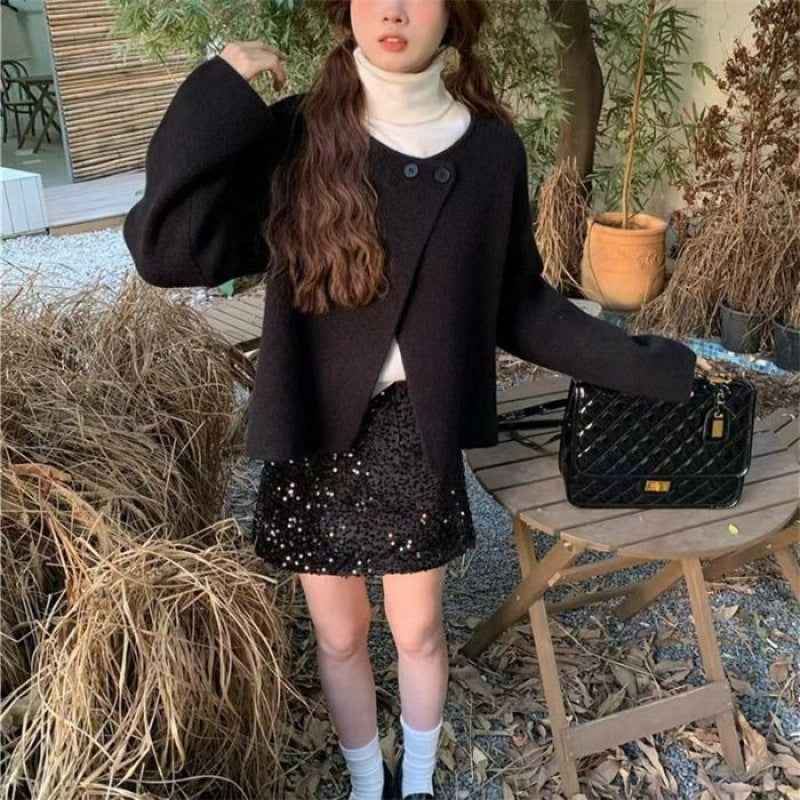 Women's Bishop-Sleeve Knit Cardigan — Two-Button Elegant Style