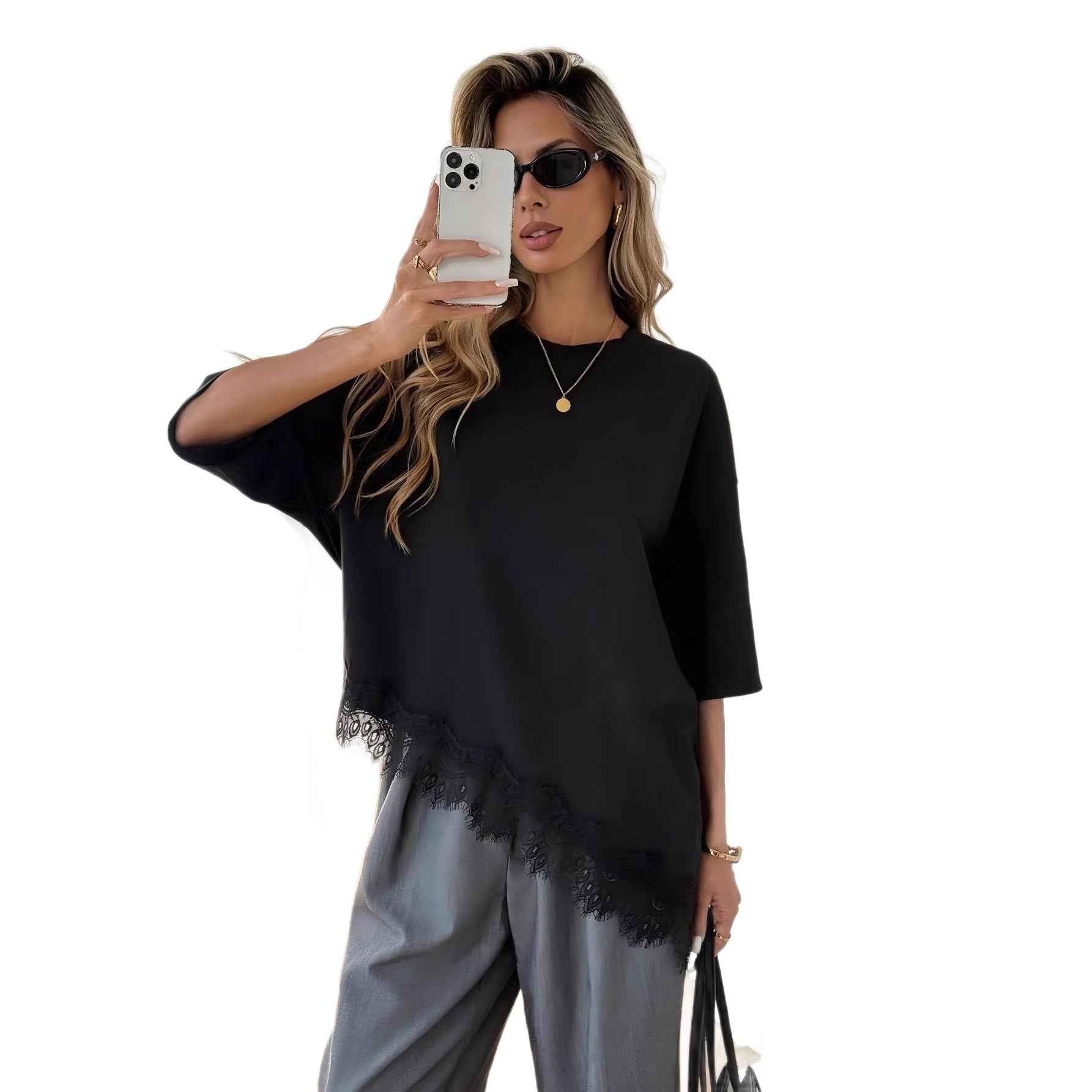 Lace-Trim Top — Slanted Hem, 3/4 Sleeve Minimalist Style