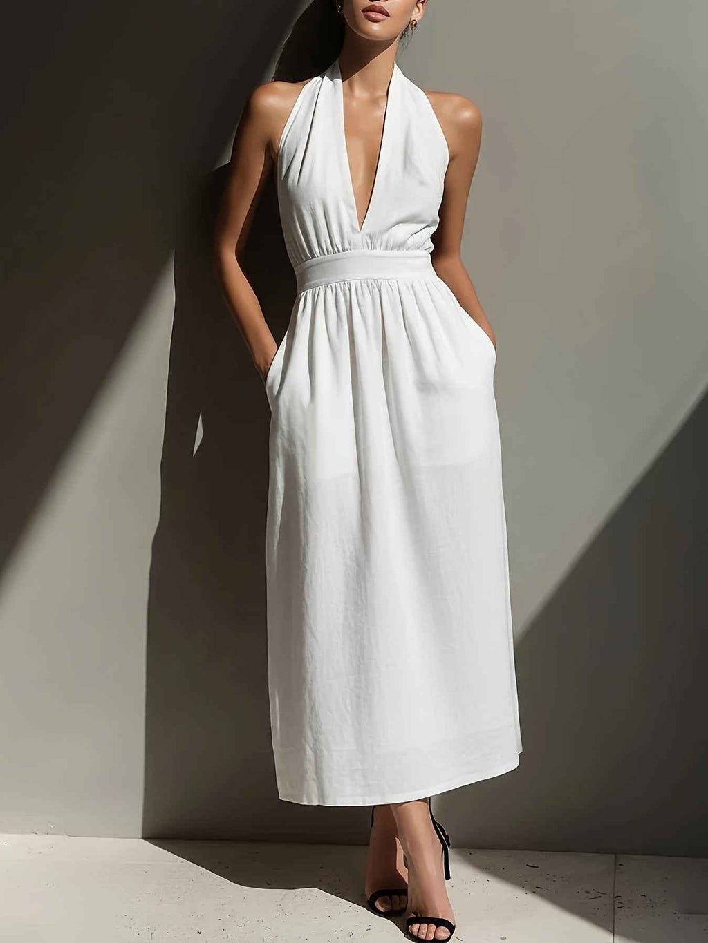 White Off-Shoulder Halter Neck Midi Dress