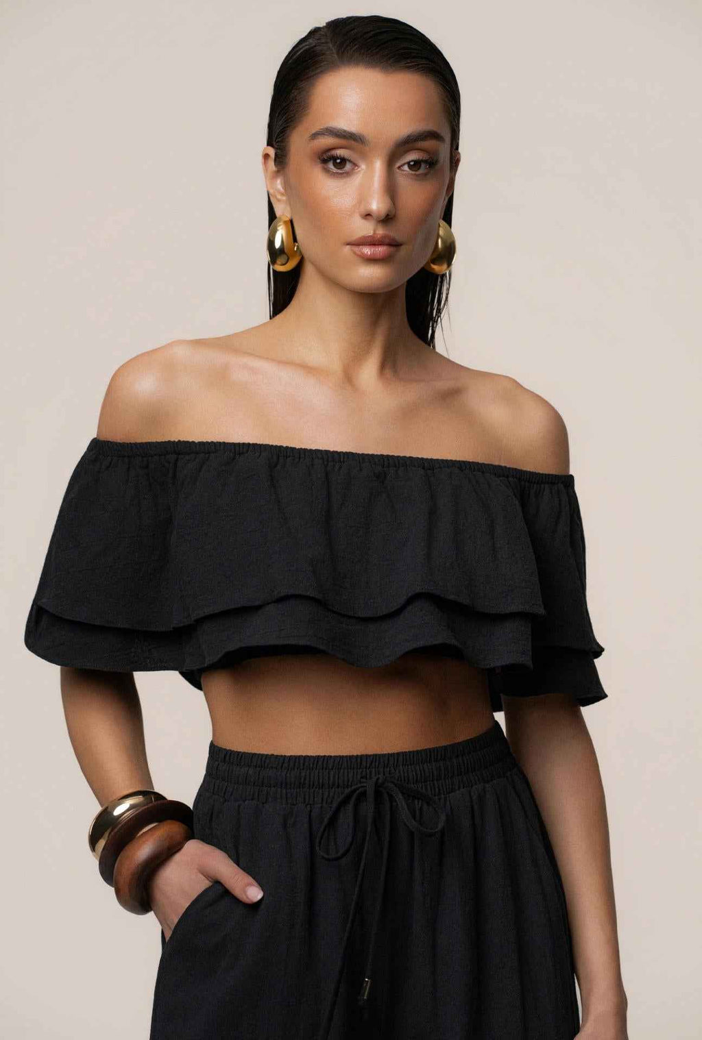 Off-Shoulder Top & Pants Set – Three-Quarter Sleeve Co-ord