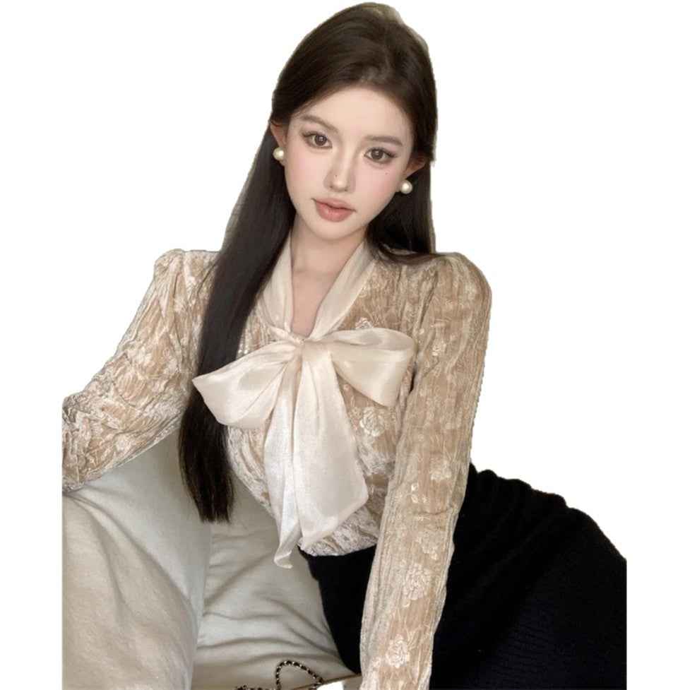 French-Style Bow-Tie Lace-Up Soft Satin Long-Sleeve Shirt