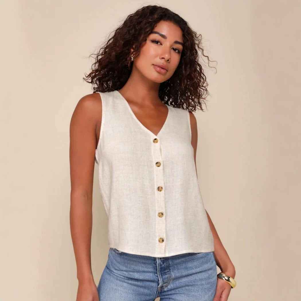 Solid-color Linen V-neck Sleeveless Button-up Top