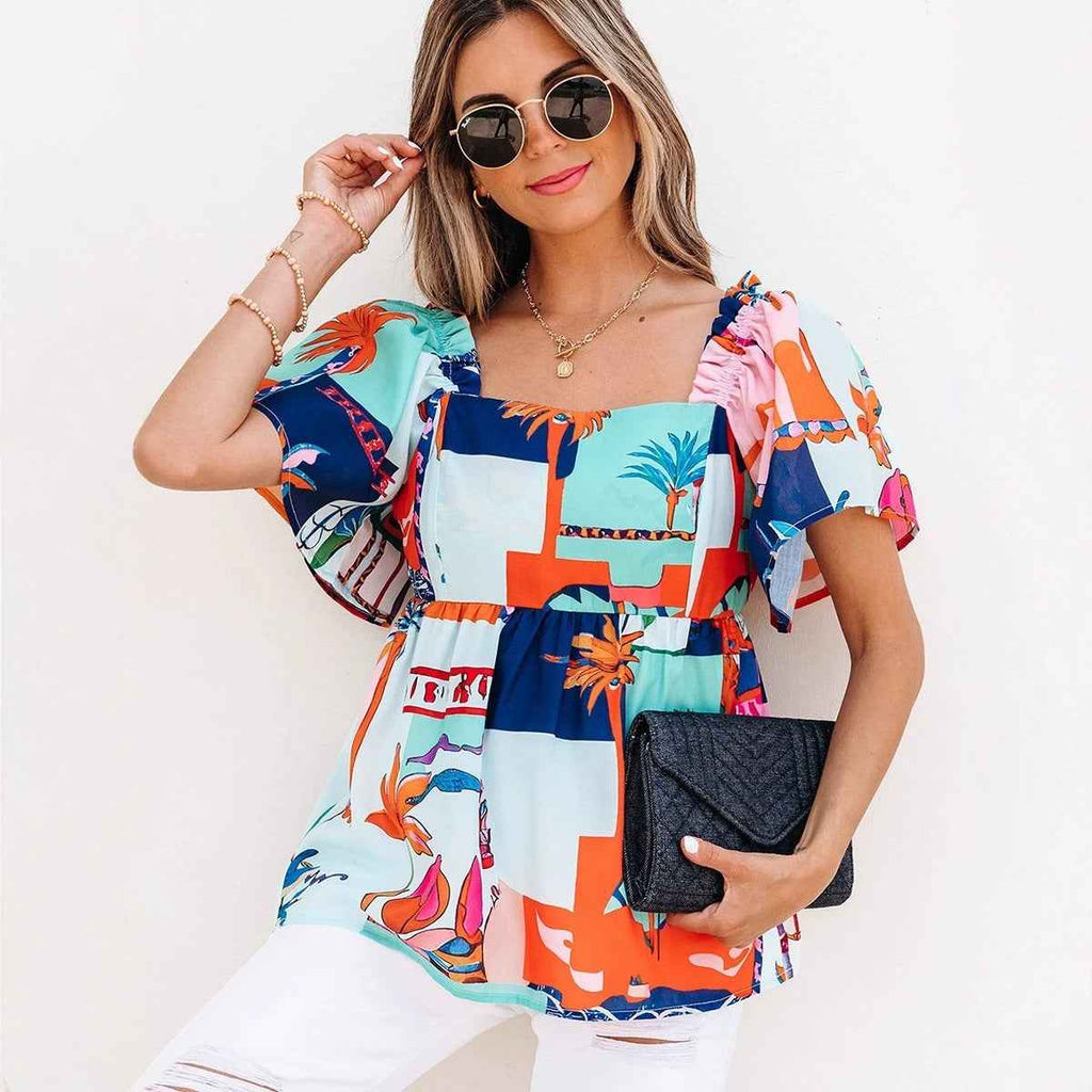Colour-Block Square-Neck Flounce Sleeve Loose Top