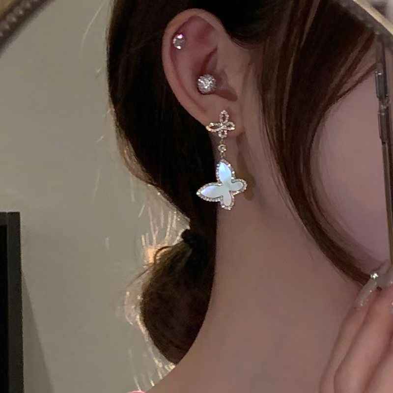 Delicate White Shell Butterfly Studs, Elegant Light Luxury Daily Wear Ear Ornaments