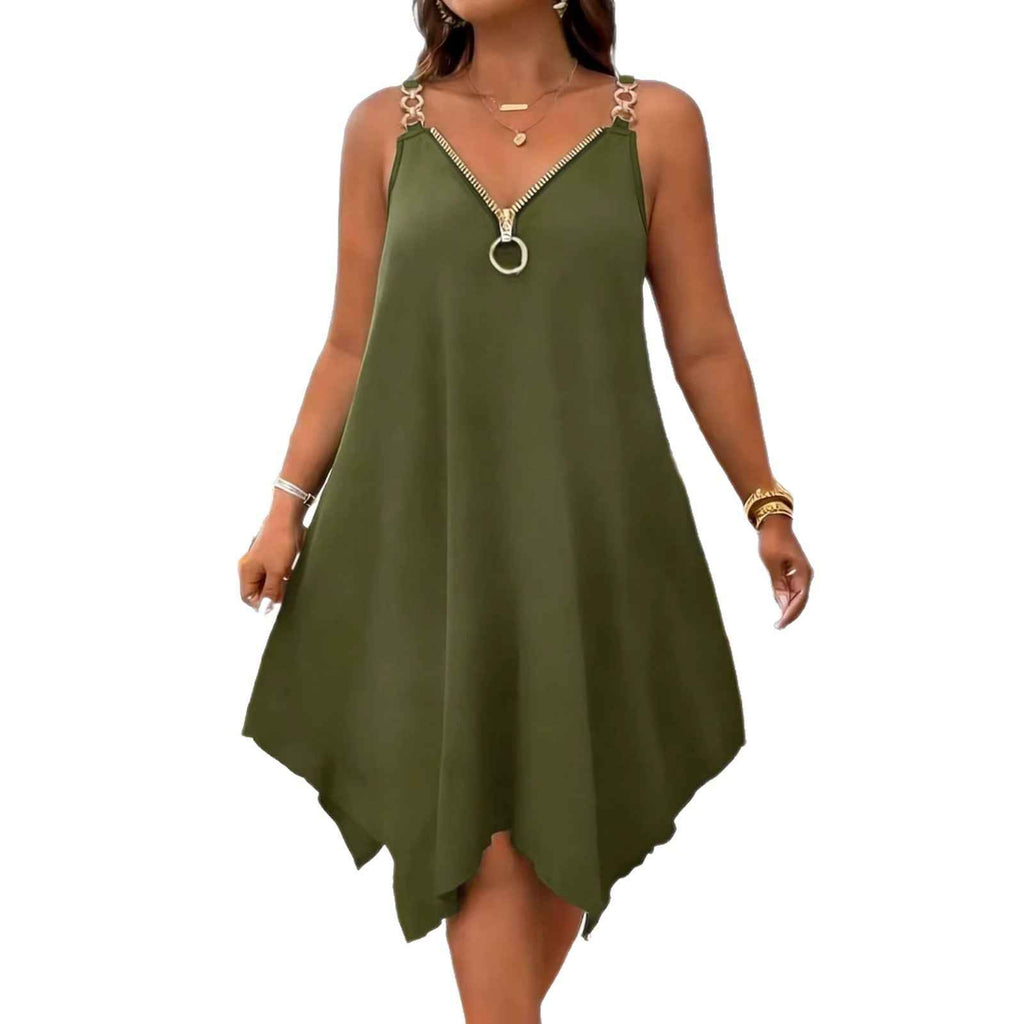 V-Neck Zip-Detail Sleeveless Slip Midi Dress — Relaxed Fit