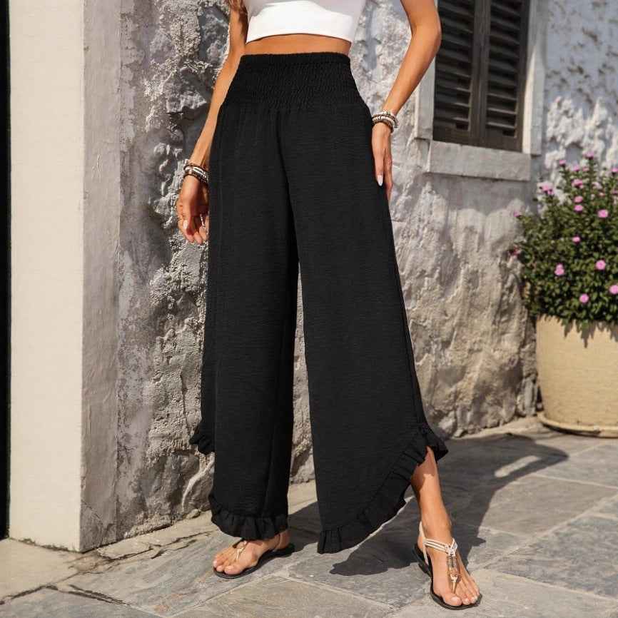 High-Waist Wide-Leg Pants with Asymmetric Ruffle Hem — 3 Colours