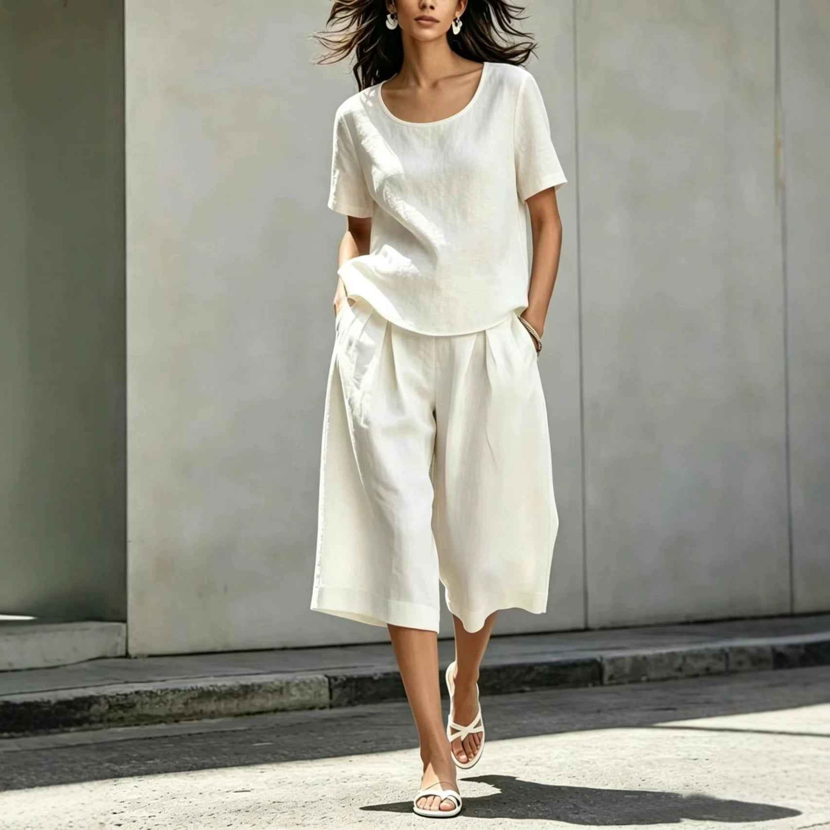 Cotton-linen Casual Loose-fitting Short-sleeve Top And Shorts Set