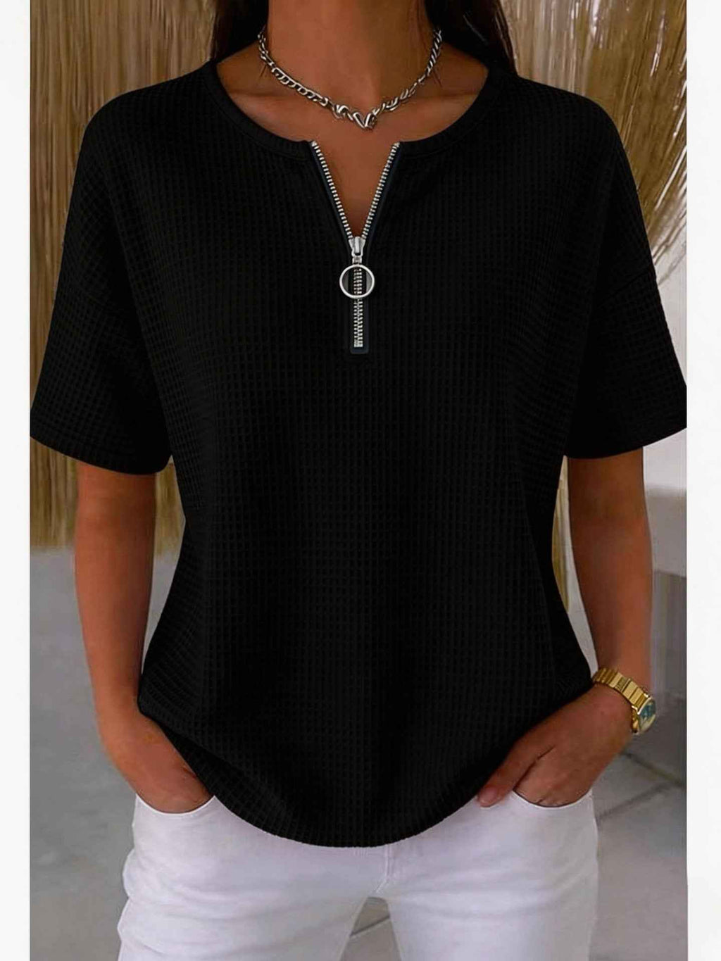 Women's Half-Zip Waffle-Knit Top – Short Sleeve, Regular Fit