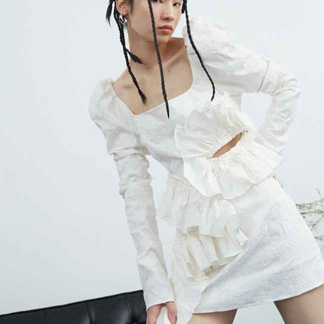 Women's White Floral Puff-Sleeve Ruffled Hem Dress — S–L