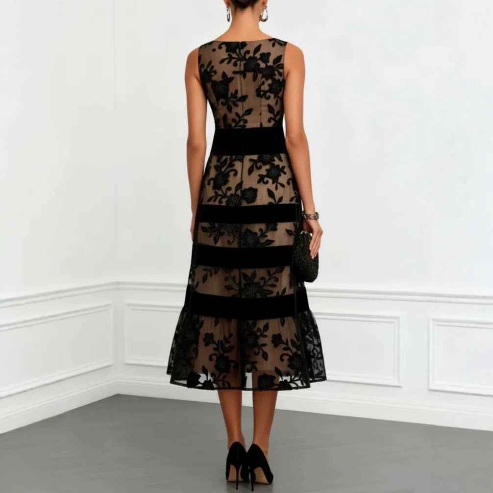 Mesh Flock-Print Jacquard Patchwork Midi Dress — Sleeveless Slim-Fit