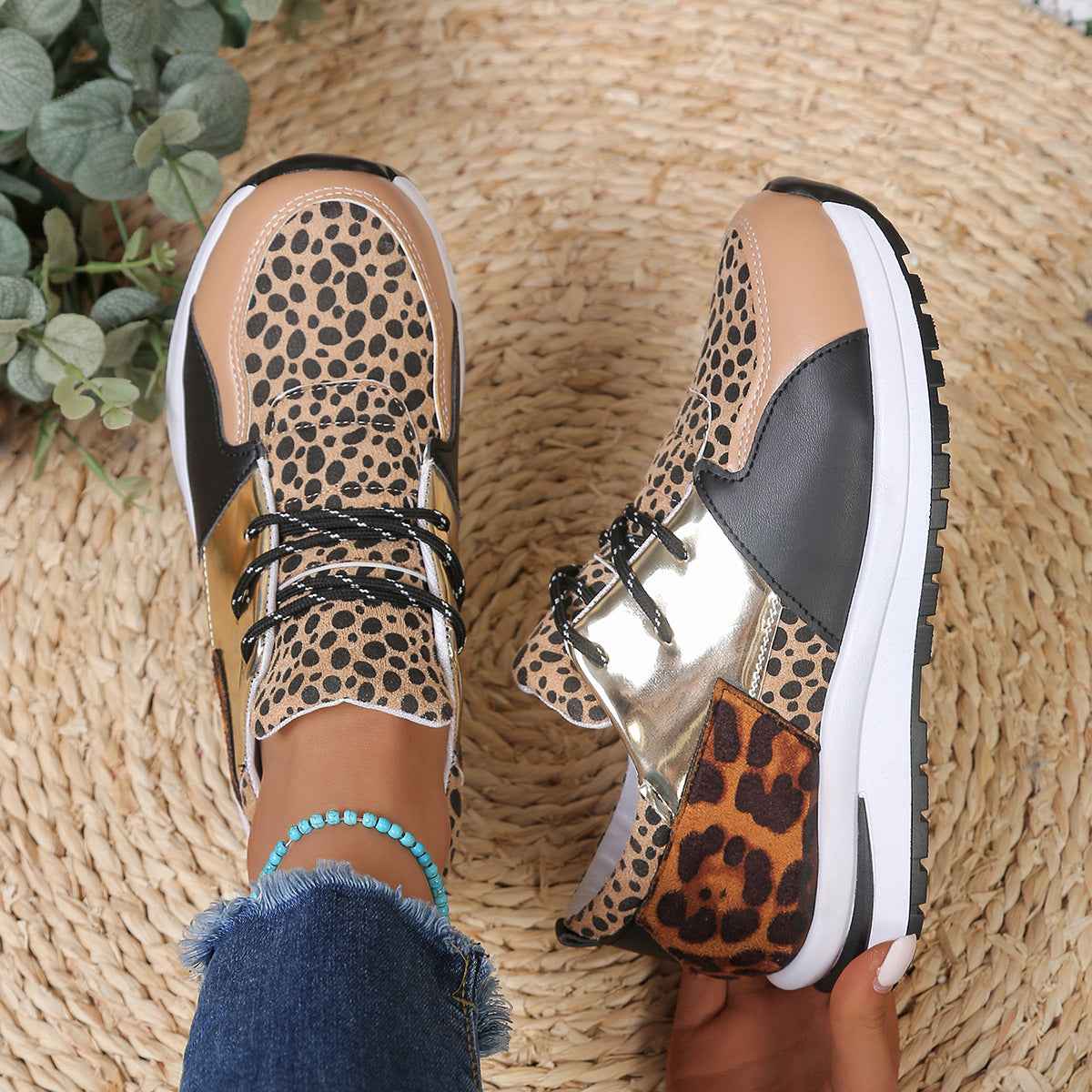 Women's High-Top Platform Sneakers – Leather Color Block & Leopard Print