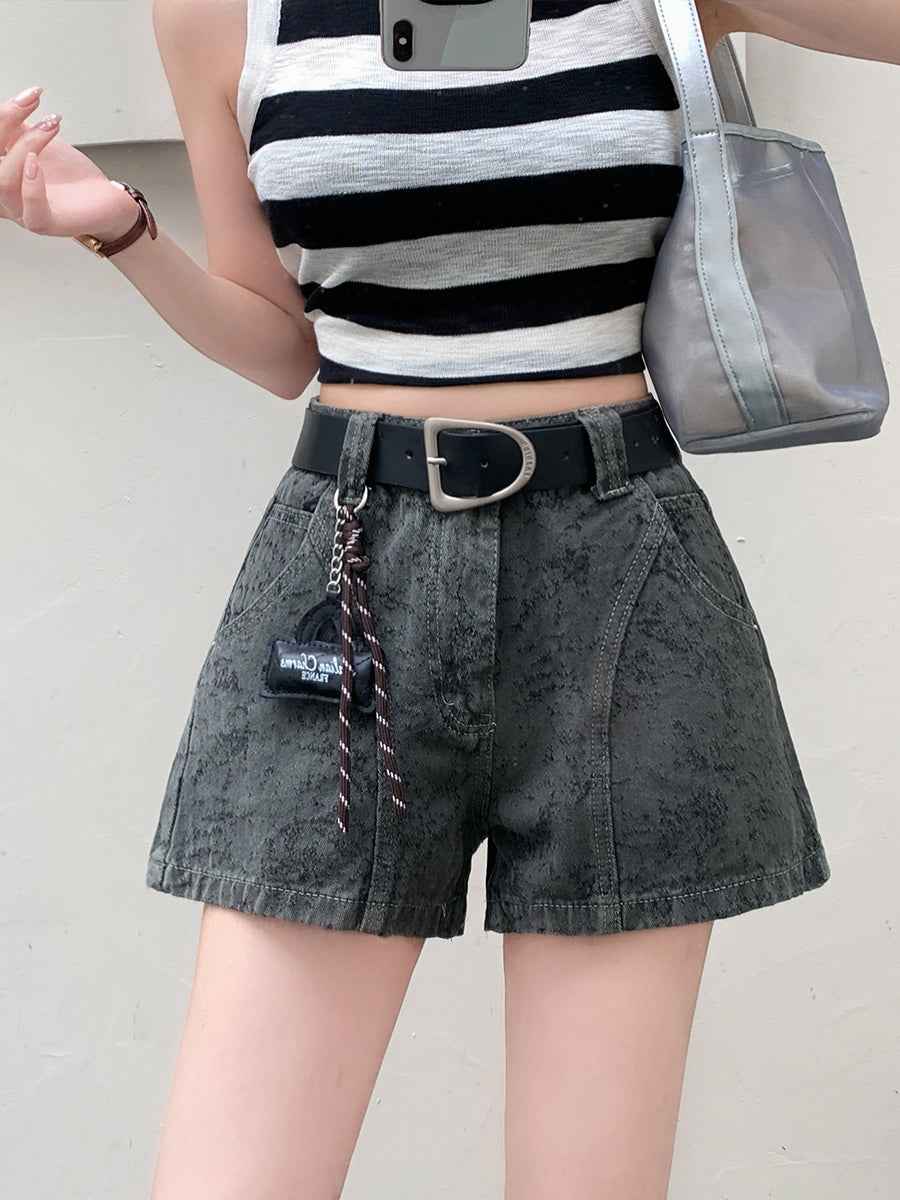 High-Waisted Acid Wash Denim Shorts with Belt – Marbled Straight Leg