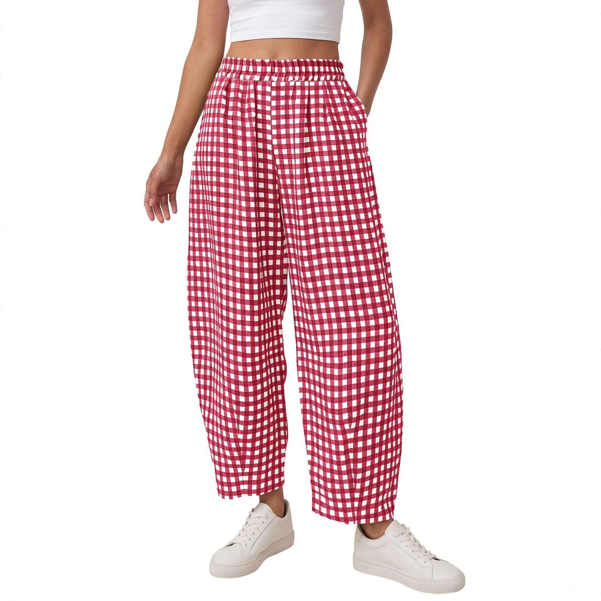 Plaid Knit Elastic-Waist Cropped Trousers