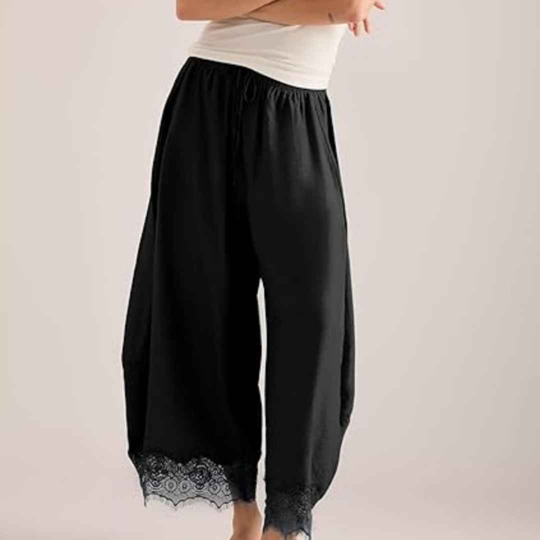 Women's Elastic-waist Lace-panelled Trousers