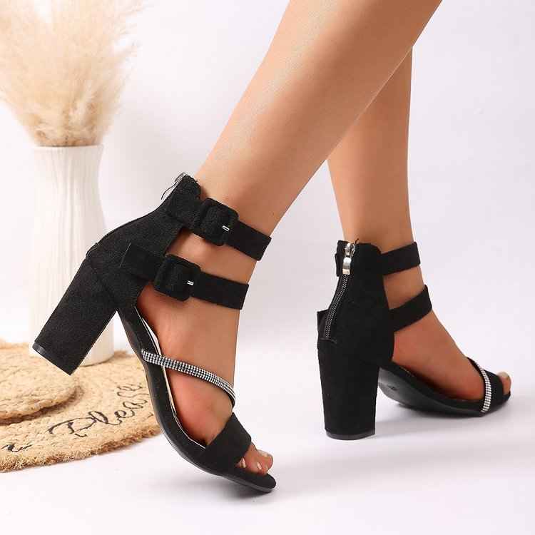 French Fabric Back Zipper Thick Heel High-heeled Sandals