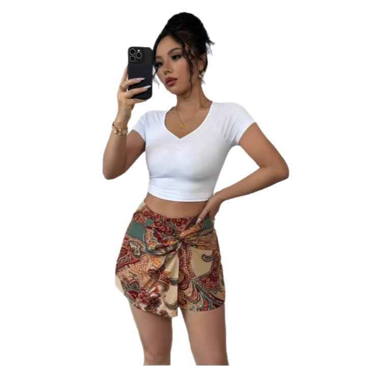 Womens Fashionable Paisley-Print Knotted Wrap Casual Resort Short Skirt
